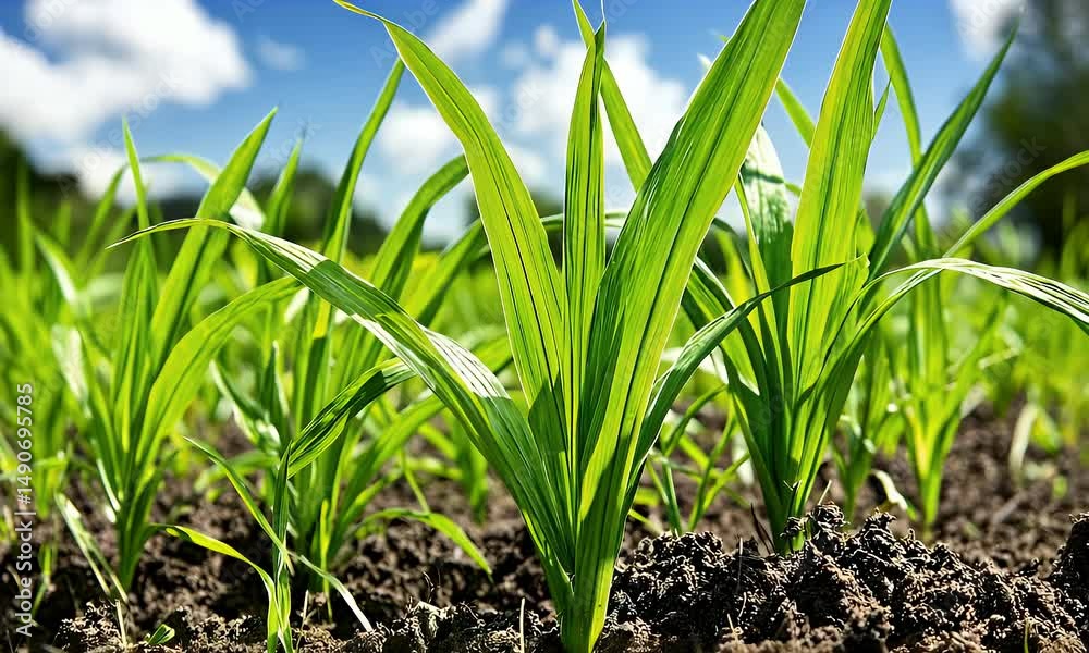 Emerging Corn Stalks in Fertile Soil, Cultivating Agricultural Crops Under Sunny Sky Emerging Corn Stalks in Fertile Soil, Cultivating Agricultural Crops Under Sunny Sky