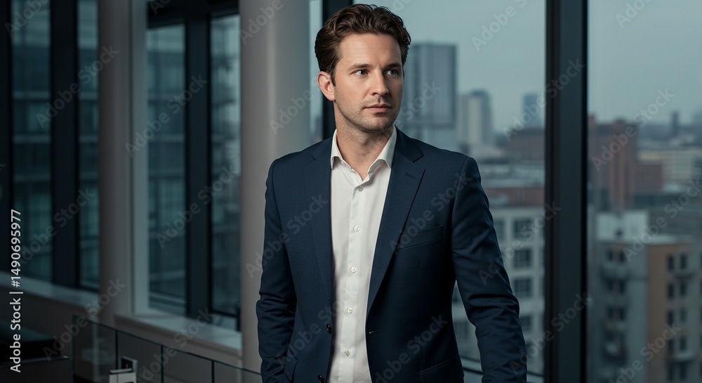 Fototapeta premium Confident Young Businessman in Modern Office, Cityscape Background - Professional Portrait Photography