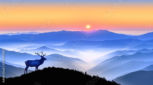 Majestic Elk Silhouette: Proud and Frosty Antlers on a Mist-Shrouded Summit