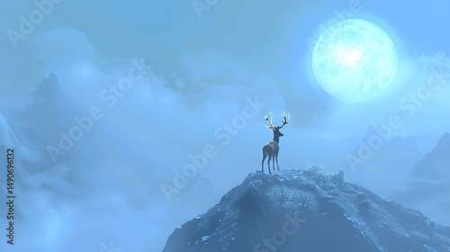 Majestic Elk Silhouette: Proud and Frosty Antlers on a Mist-Shrouded Summit