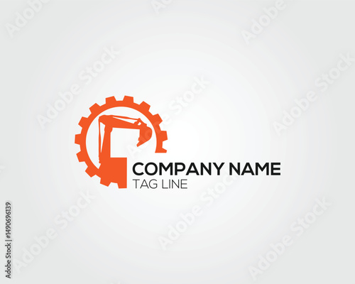 Construction excavator in gear vector template for company branding and mechanical engineering solutions