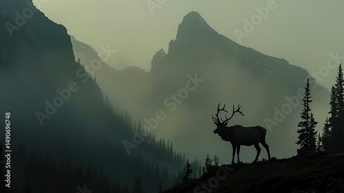 Majestic Elk Silhouette: Proud and Frosty Antlers on a Mist-Shrouded Summit