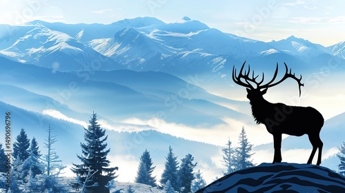 Majestic Elk Silhouette: Proud and Frosty Antlers on a Mist-Shrouded Summit