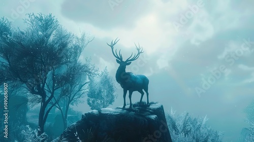Majestic Elk Silhouette: Proud and Frosty Antlers on a Mist-Shrouded Summit