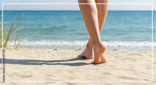 Fototapeta Naklejka Na Ścianę i Meble -  Woman's bare feet walking on sandy beach with turquoise sea in background. Summer vacation concept for beach tourism, foot care products and coastal relaxation experiences