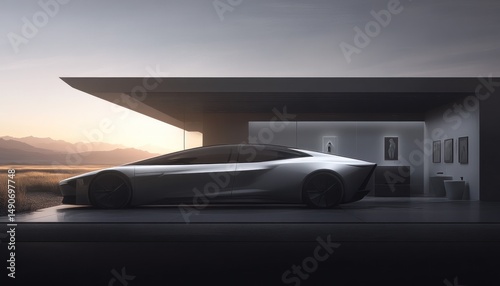 Futuristic electric car parked in a modern garage