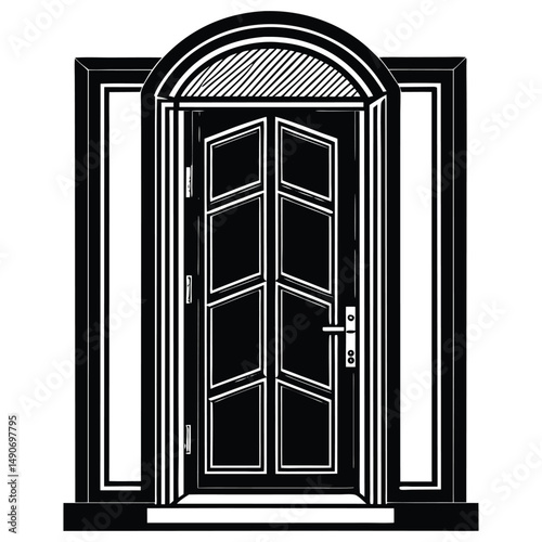 Black metallic door frame isolated on white. Modern entrance design. Minimalist architectural home design. Glass door, interior, exterior element. Entrance, exit, open closed door