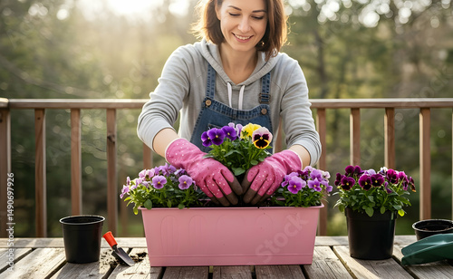 Fototapeta Naklejka Na Ścianę i Meble -  Happy woman planting colorful pansies in a pink planter box on her deck enjoying spring gardening