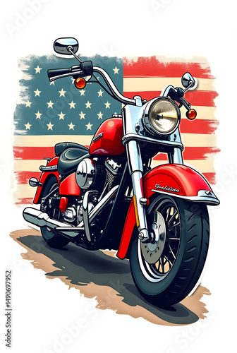 An isolated image of a red motorcycle parked in front of an American flag on a white background.