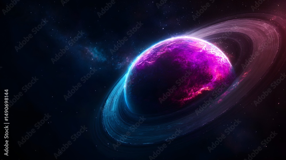 Fototapeta premium Vibrant Purple Planet with Rings in a Cosmic Space Scene