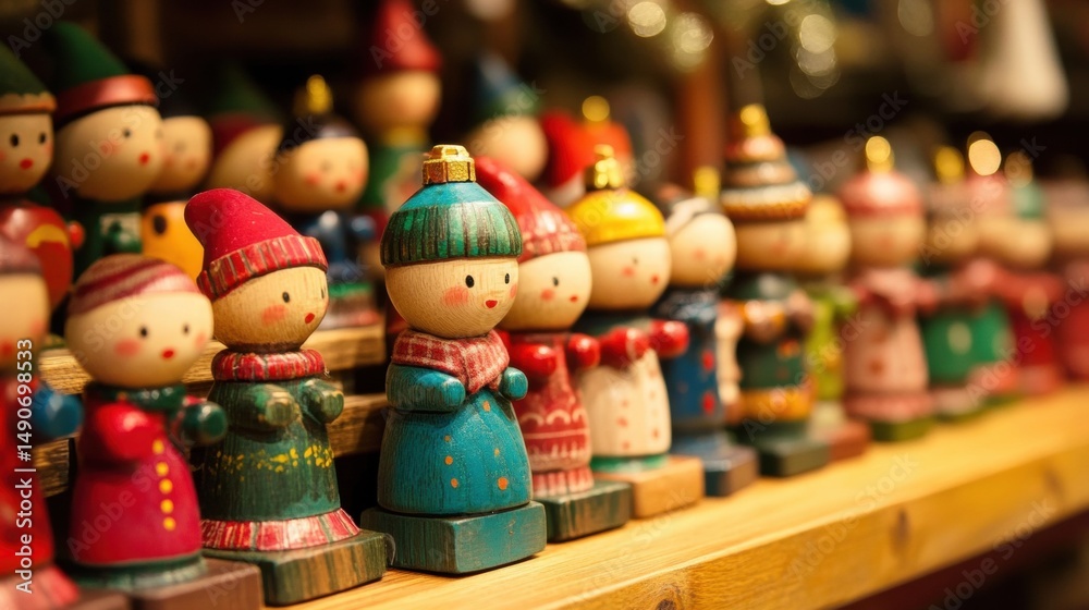 Naklejka premium Row of Wooden Christmas Figurines Displayed on a Shelf with Bokeh