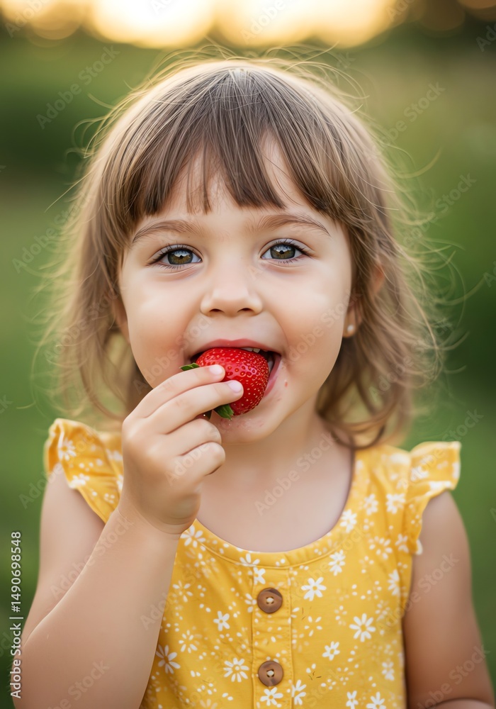 Toddler girl eating strawberry outdoors Toddler girl eating strawberry outdoors