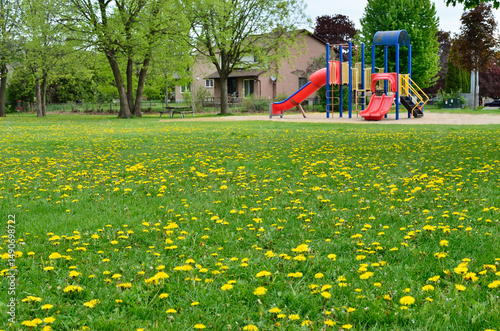 Ground level view of a Colorful playground structure with two slides in a residential area park,
