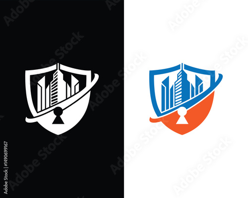 Security vector template featuring cityscape buildings with keyhole within a shield for real estate protection services