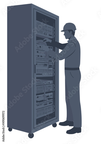Technician working on server rack in data center  