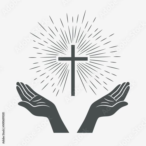 Black and White Open Hands with Cross and Divine Light, Symbol of Faith and Prayer. Design Template for Church Logo. Prayer, Religion Concept Monochrome Cut Out Silhouette Icon. Vector Illustration