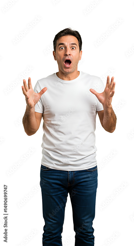 Naklejka premium A surprised man in casual clothing shows shock with raised hands and open mouth.
