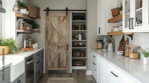 Compact modern kitchen with built-in storage, farmhouse barn door pantry, and antique-inspired decor