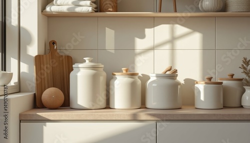Sunlit Kitchen Shelf Arrangement Cozy Home Still Life Photography Natural Light Aesthetic Design
