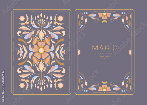 Modern magic witchcraft frames with floral elements and ornament. Decorative floral back and face card design. Vector illustration