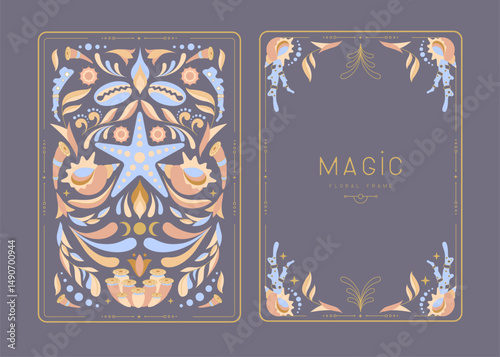 Modern magic witchcraft frames with floral elements and ornament. Decorative floral back and face card design. Vector illustration