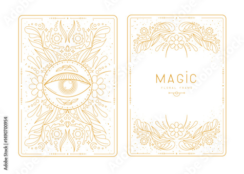 Modern magic witchcraft frames with floral elements and ornament. Decorative floral back and face card design. Vector illustration