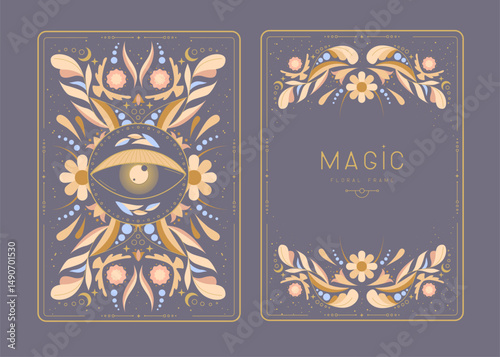 Modern magic witchcraft frames with floral elements and ornament. Decorative floral back and face card design. Vector illustration