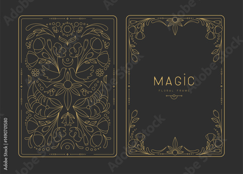 Modern magic witchcraft frames with floral elements and ornament. Decorative floral back and face card design. Vector illustration
