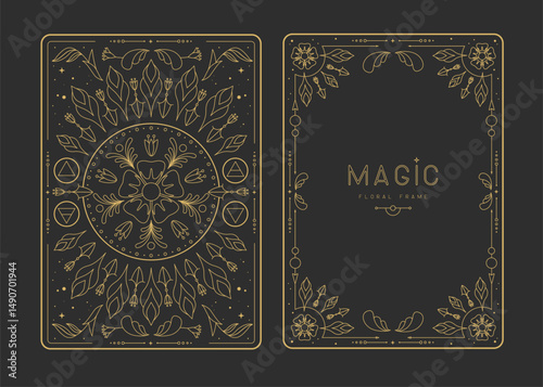 Modern magic witchcraft frames with floral elements and ornament. Decorative floral back and face card design. Vector illustration