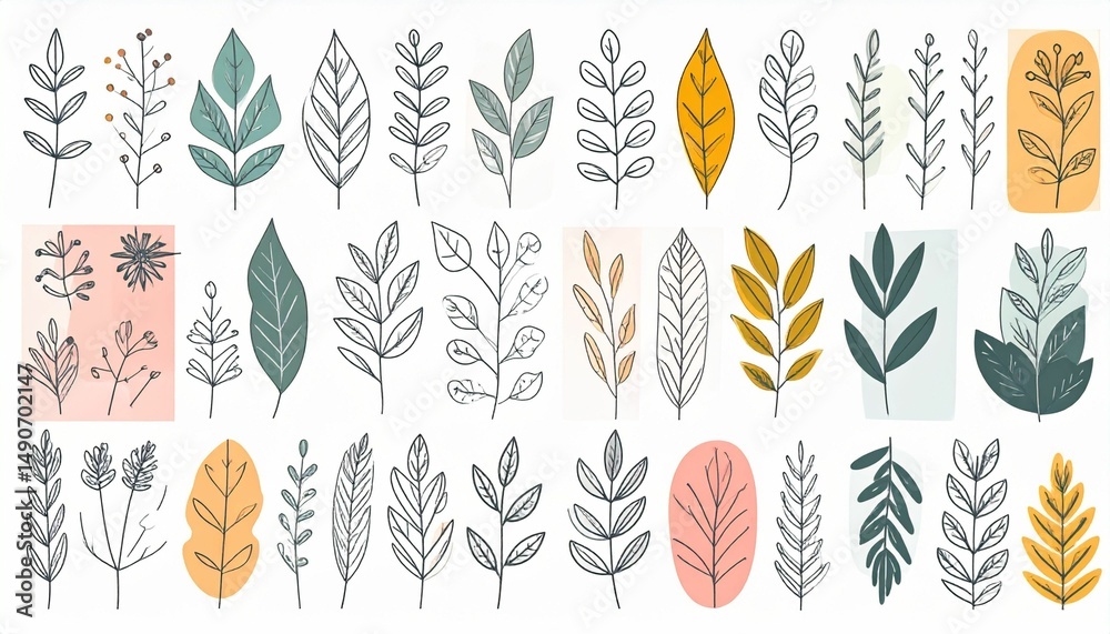 Fototapeta premium Botanical Doodle Art Vector Set Floral and Leaf Abstract Designs for Wallpaper Print and Home Decor