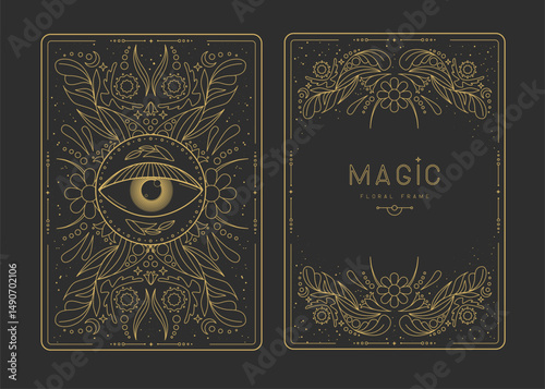 Modern magic witchcraft frames with floral elements and ornament. Decorative floral back and face card design. Vector illustration