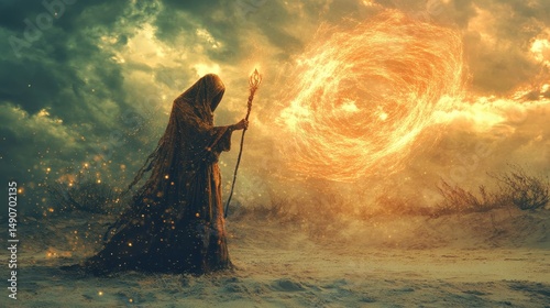 Mystical Figure Conjuring a Fiery Vortex A Tale of Magic Power and Enchantment in a World Shrouded in Mystery and Wonder