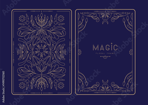 Modern magic witchcraft frames with floral elements and ornament. Decorative floral back and face card design. Vector illustration