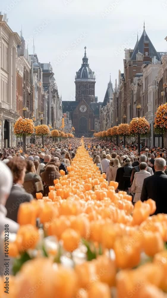 King's Day Celebration in Amsterdam: Crowds, Orange Tulips, and Festive Atmosphere on a Historic Street with a Church in the Background
