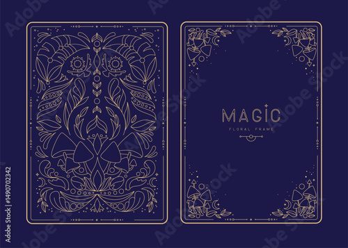 Modern magic witchcraft frames with floral elements and ornament. Decorative floral back and face card design. Vector illustration