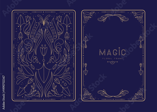 Modern magic witchcraft frames with floral elements and ornament. Decorative floral back and face card design. Vector illustration