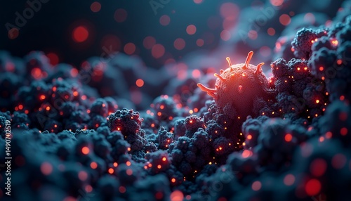 Virus Particle: Glowing Red Spikes on Dark Blue Cellular Landscape