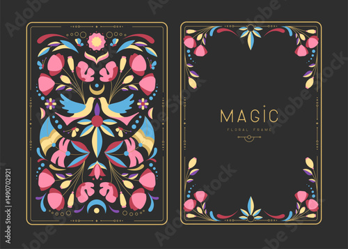 Modern magic witchcraft frames with floral elements and ornament. Decorative floral back and face card design. Vector illustration