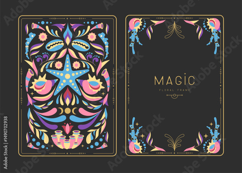 Modern magic witchcraft frames with floral elements and ornament. Decorative floral back and face card design. Vector illustration