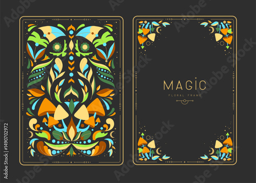 Modern magic witchcraft frames with floral elements and ornament. Decorative floral back and face card design. Vector illustration