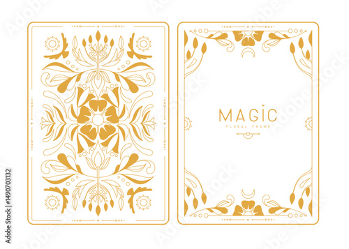 Modern magic witchcraft frames with floral elements and ornament. Decorative floral back and face card design. Vector illustration