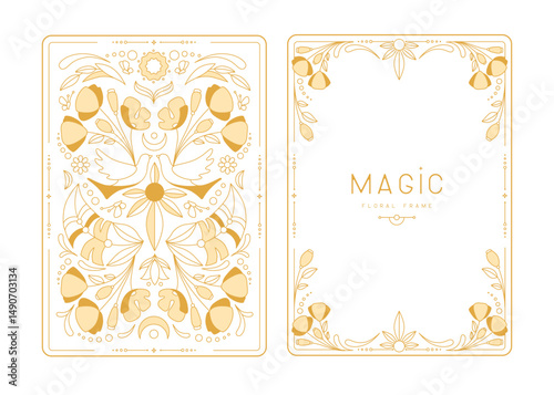 Modern magic witchcraft frames with floral elements and ornament. Decorative floral back and face card design. Vector illustration