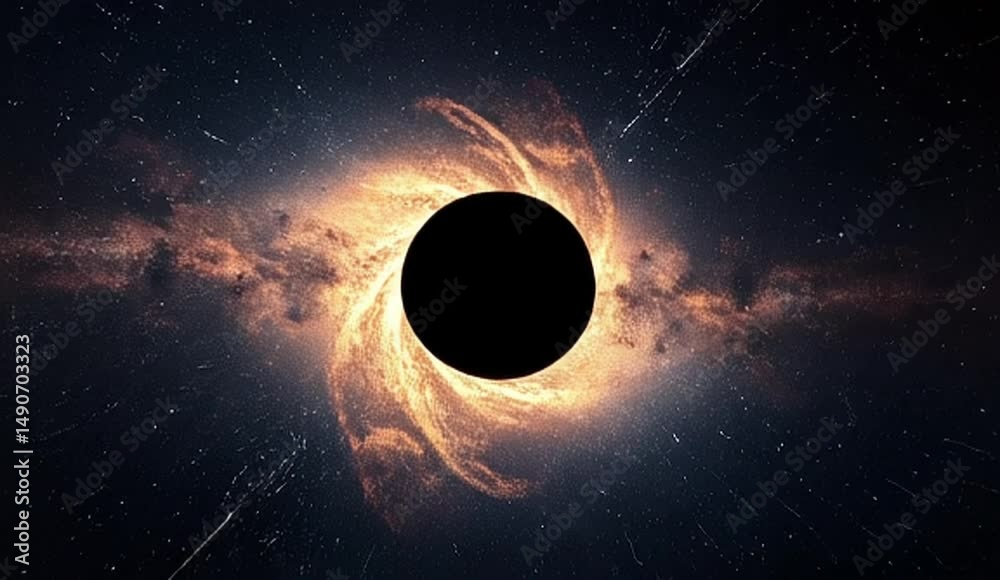 The distant starfield, centered on a glowing black hole, swirls with chaotic energy patterns. The black hole pulses with intense light, causing the surrounding stars to bend and warp