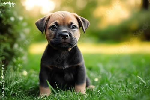 adorable staffordshire bull terrier puppy sitting on grass photo