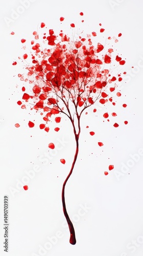 Stylized Tree with Red Leaves Isolated on White Background Expressing Themes of Nature Love and Transience in Artistic Rendition