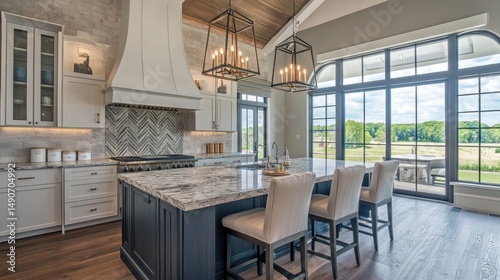 Sophisticated kitchen interior with a bold stone island, high ceilings, and designer lighting for a modern luxe feel