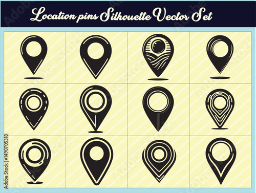 Vector Collection of Black Location Pins in Silhouette Style with Outline and Cut Line Effects