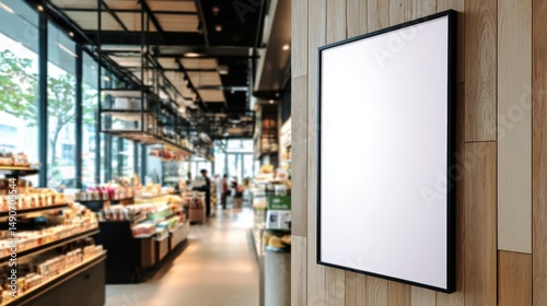 Blank framed poster on a wooden wall inside a modern, well-lit grocery store or cafe with shelves of products and large windows.