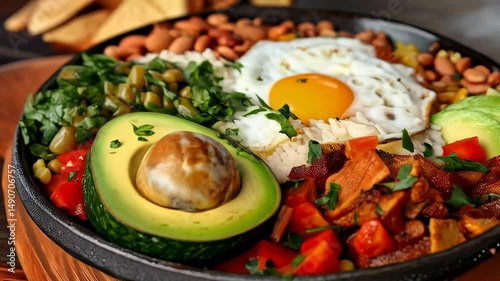 Colombian bandeja paisa on a large round platter, featuring beans, rice, pork, avocado, and fried egg. A traditional and hearty dish from Colombia
