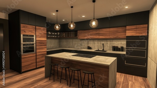 Urban black kitchen with walnut wood finishes, concrete elements, and minimalist pendant lighting over an island